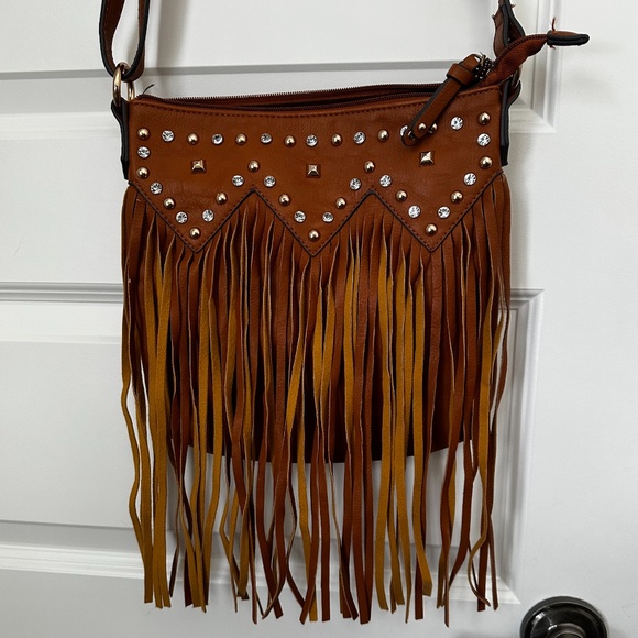 LaTique Crossbody Bag with Fringe and Rhinestones 9x9" - Picture 1 of 12